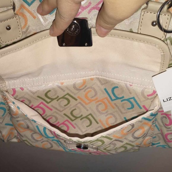 NWT Liz Claiborne Handbag, khaki with multi color LC's, - Picture 5 of 16